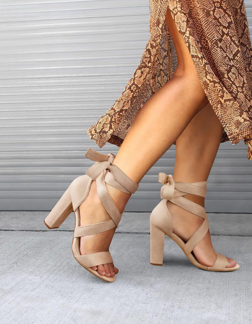 Load image into Gallery viewer, Strappy Heels for Women Chunky Heels High Heeled Sandals with Lace up Fahsion Casual Nude Block Heel Sandals,Ellery-Color-0
