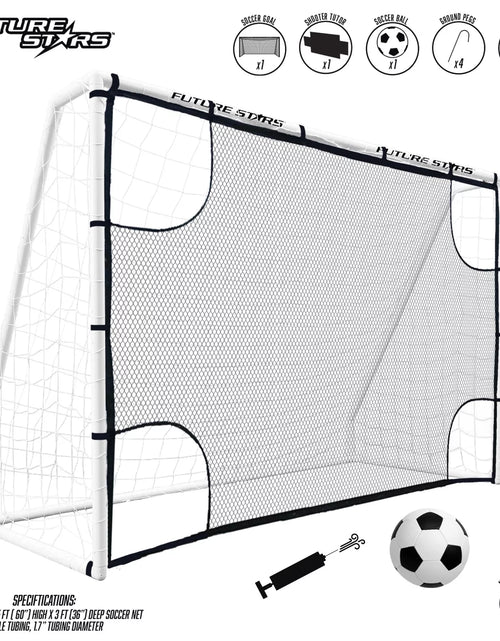 Load image into Gallery viewer, 8Ft Soccer Goal Combo Set with Shooter Tutor, Official Size 5 Soccer Ball and Pump with Pin
