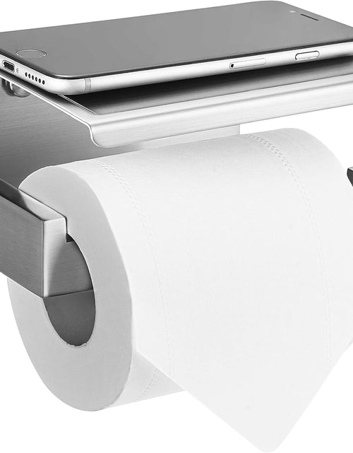 Load image into Gallery viewer, Brushed Nickel Toilet Paper Holder, Stick on Silver Toilet Paper Holder with Shelf, Self Adhesive No Drill or Wall-Mount with Screws for Bathroom
